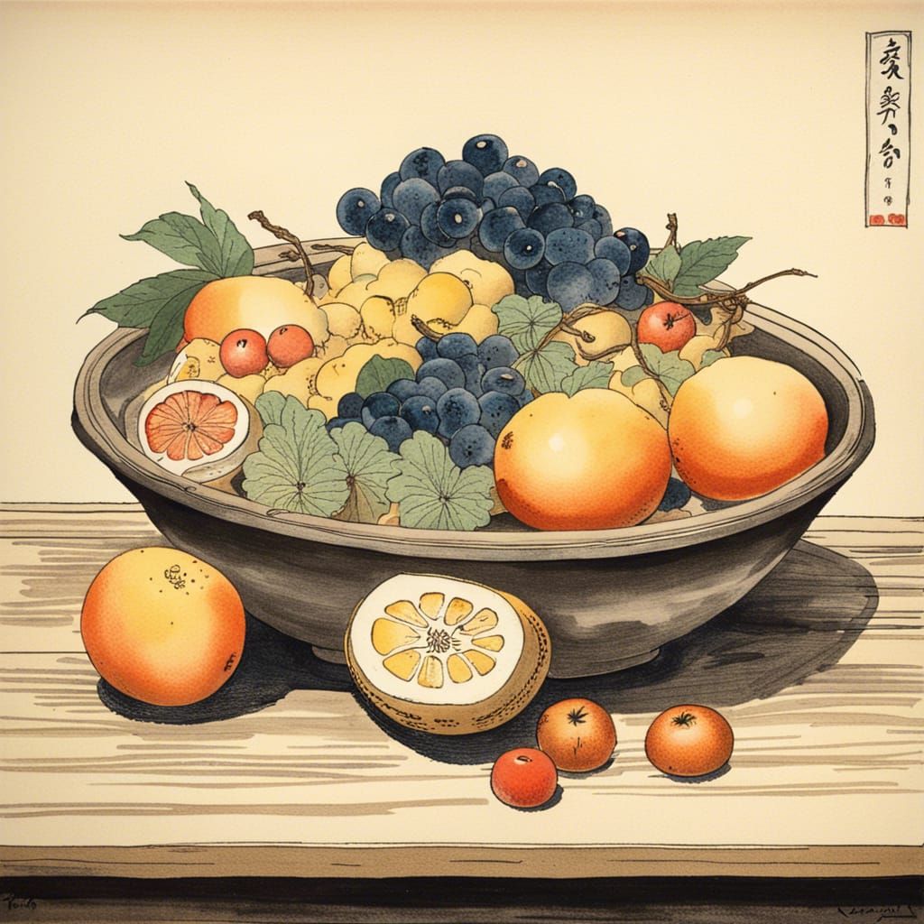 Bowl of Asian Fruit: Japanese Ink Painting Style