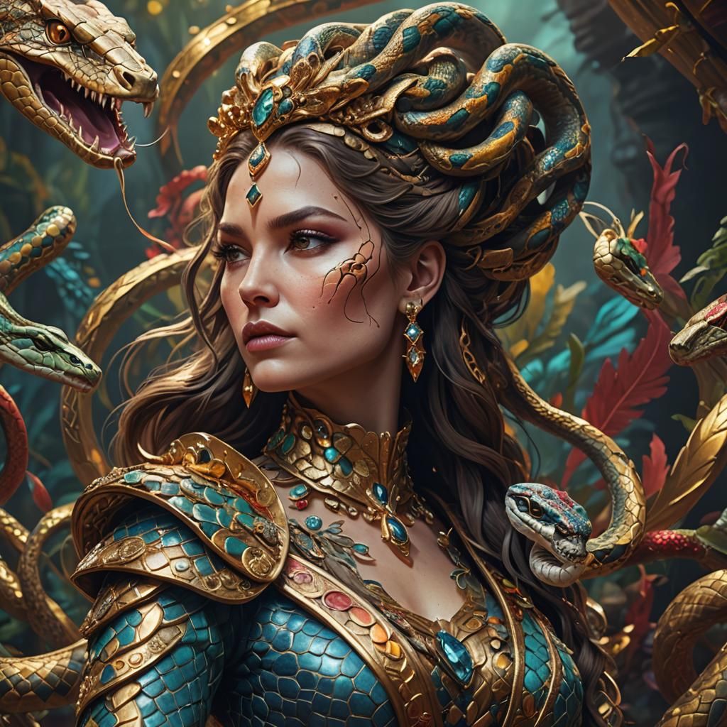 Detailed Snake Queen in Elegant Outfit, Hyperrealistic 8K