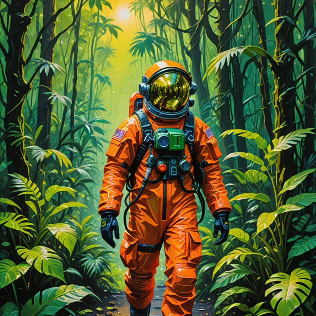 Neon Explorer in Jungle: Gouache Impressionist Style