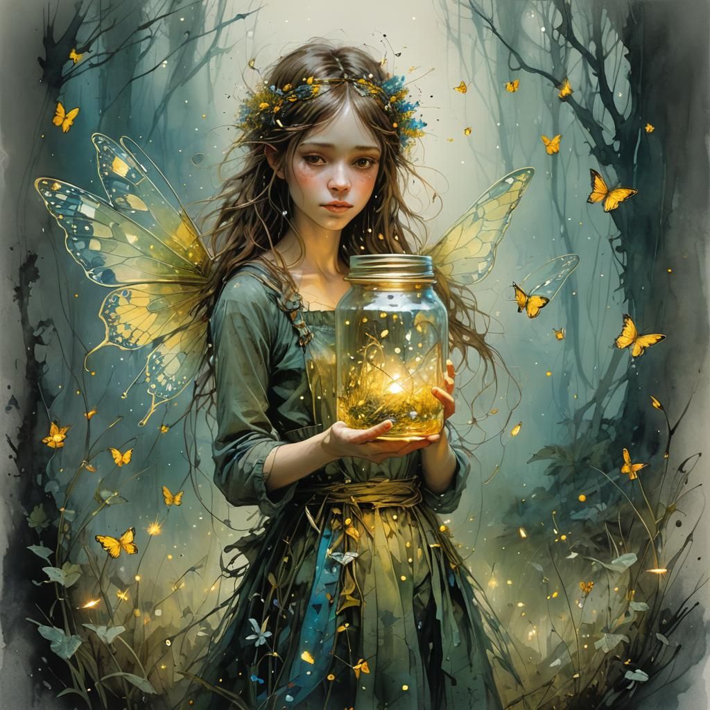 Whimsical Fairy with Fireflies in Fairytale Land