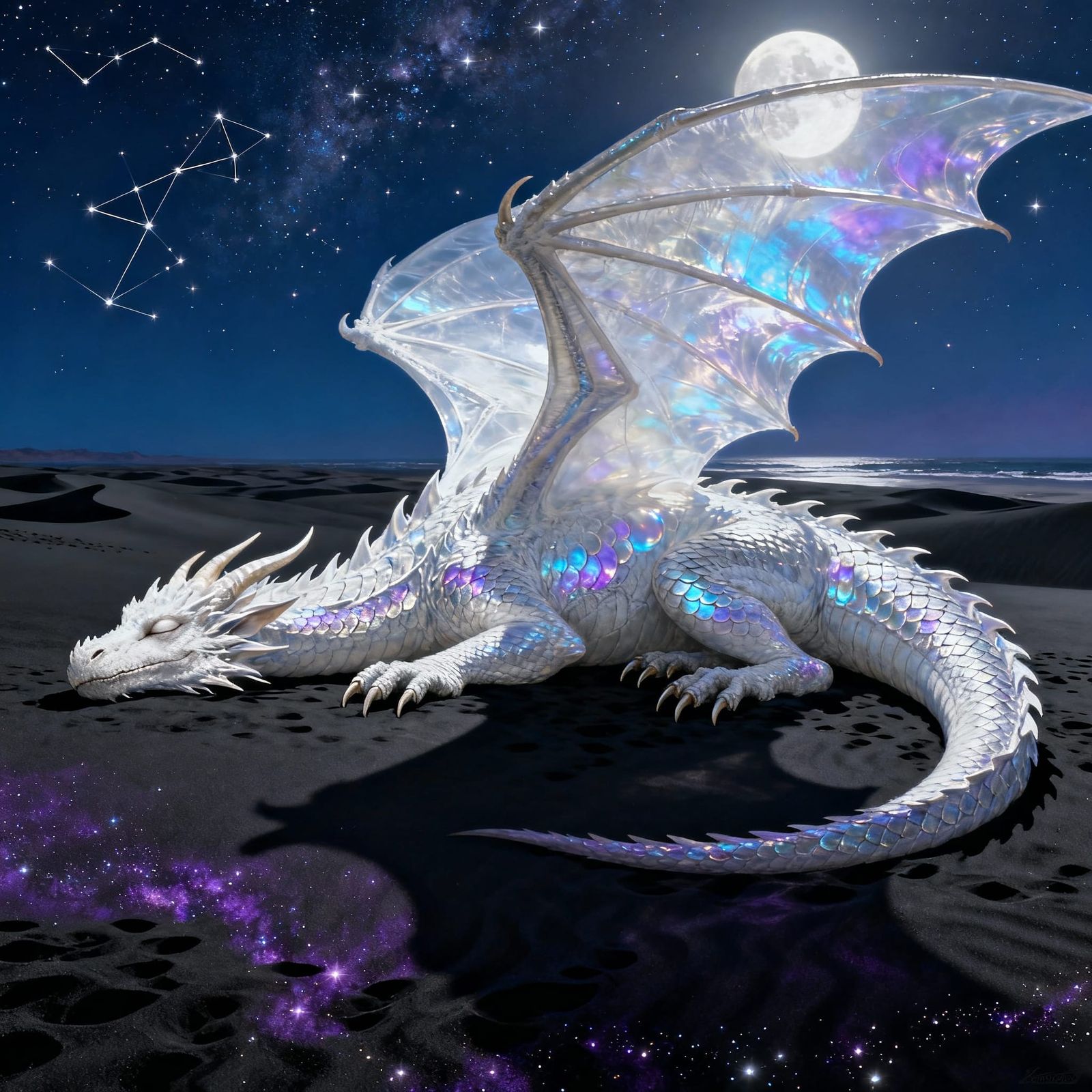Majestic White Dragon Sleeps on Black Sand Desert Under Star...
