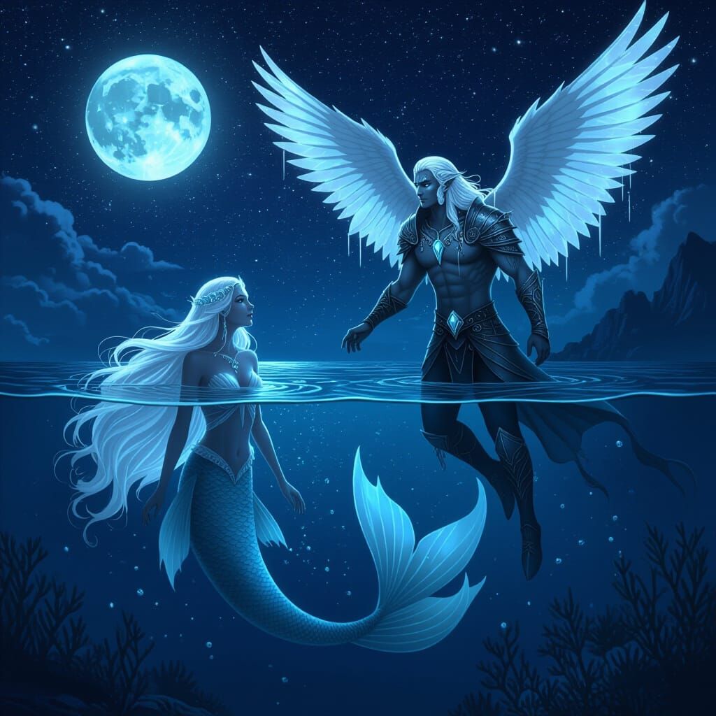 Ethereal Fantasy Illustration of Mermaid and Winged Man Enco...