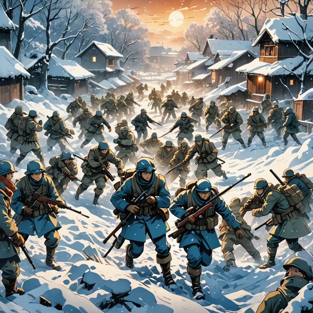 Cinematic Manga Winter War Scene in Anime Style