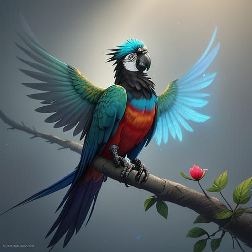 Bioluminescent Macaw and Celestial Seed in Art Nouveau Style