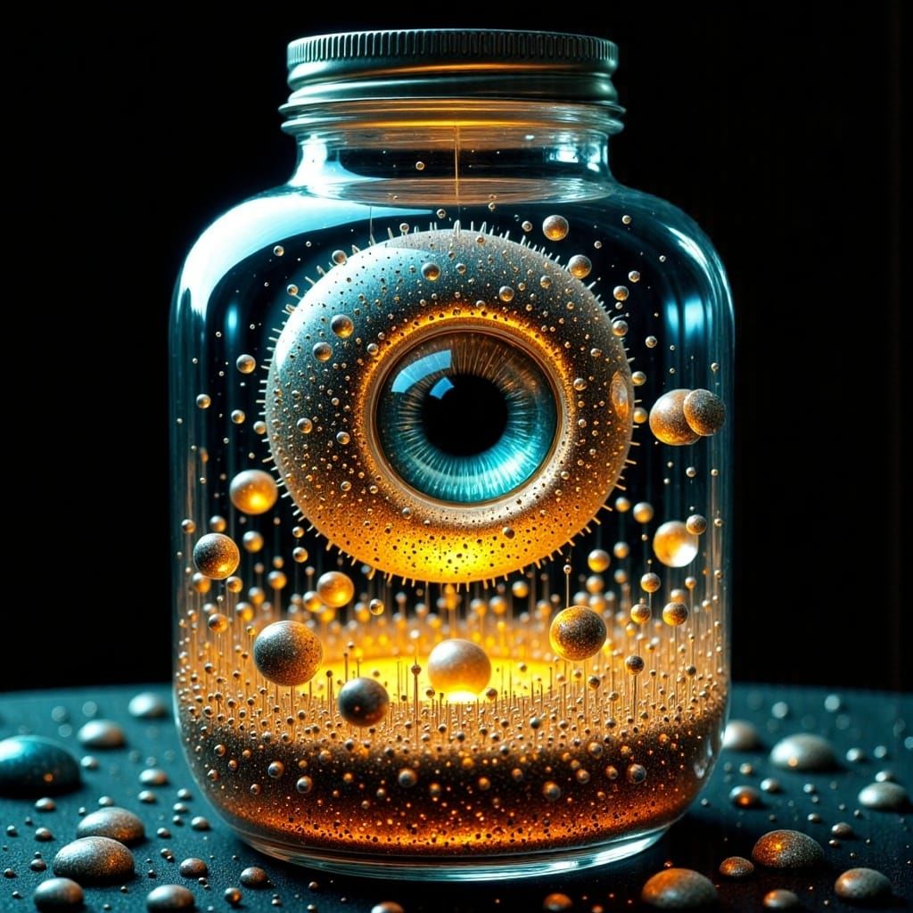 <lora:Abstract Reality:2.0> A glass blood jar with a hyper-detailed eyeball in it, explosive spray art; exploding blood ...