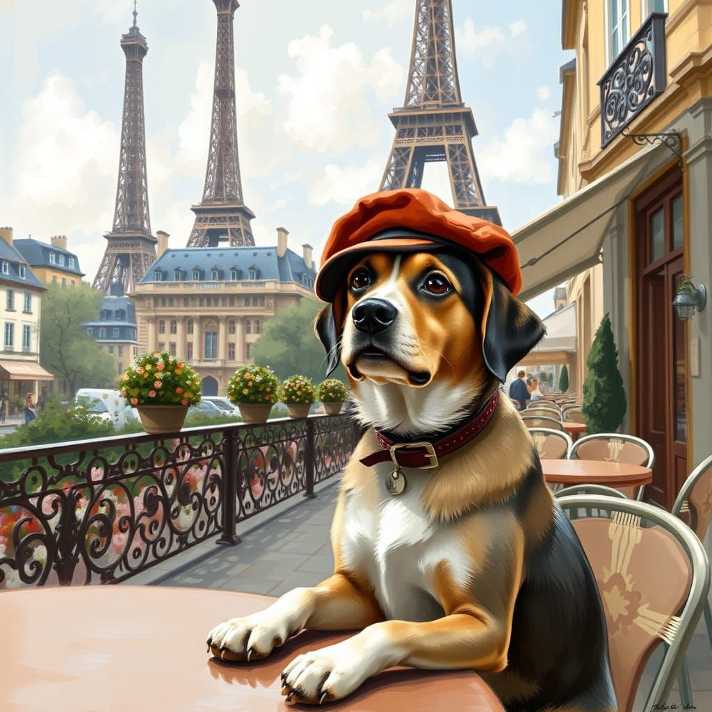 Dog in Beret at French Cafe, Impressionist Style