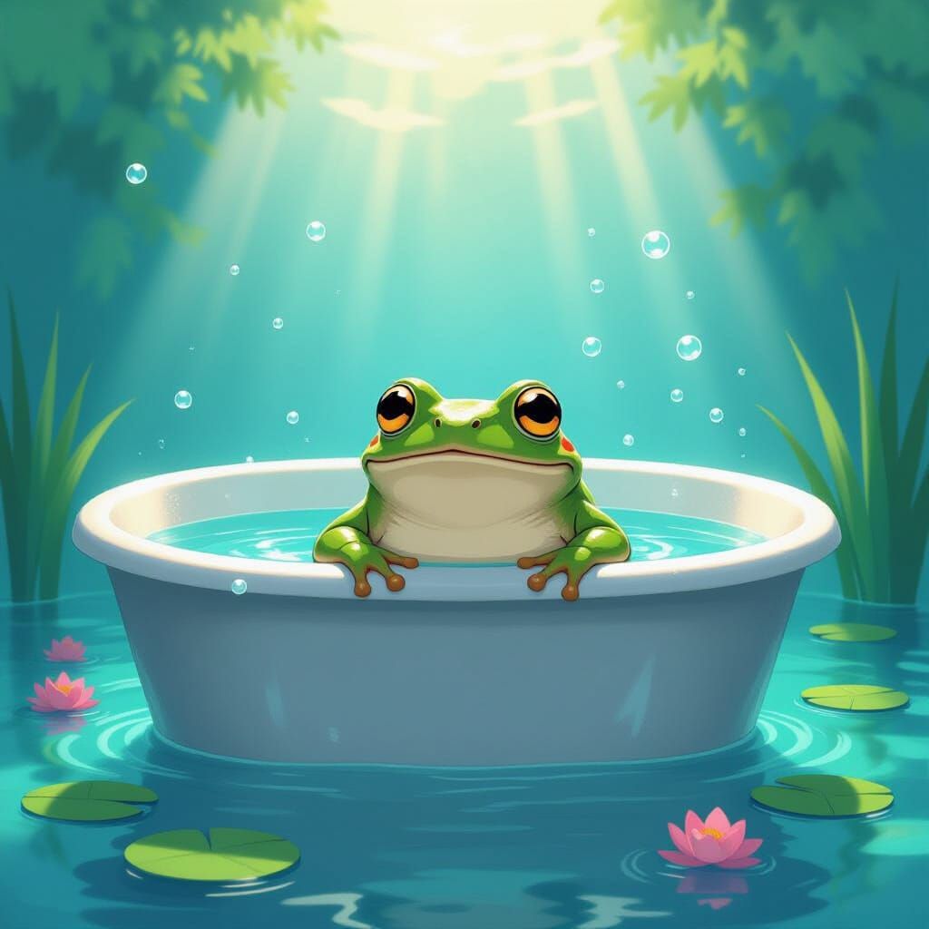 Frog's Serene Underwater Bath: Miyazaki-esque Dreamscape