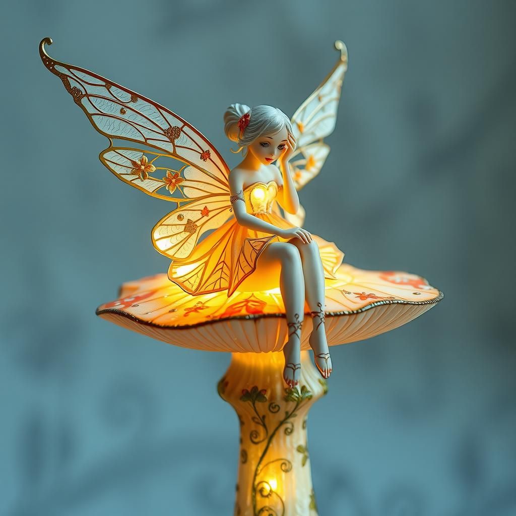 Ethereal Fairy on Glass Mushroom in Art Nouveau Style