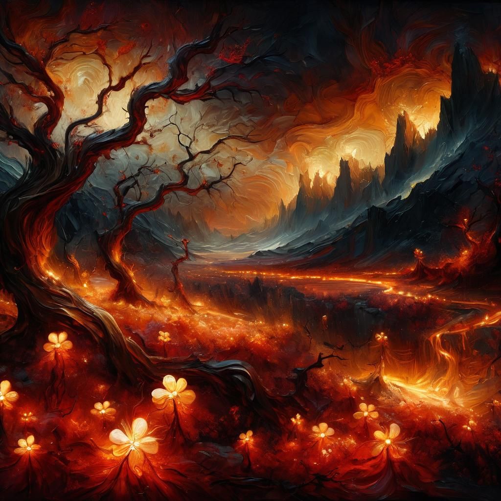 Surrealism. Wide shot. A beautiful and eerie hell like lands...