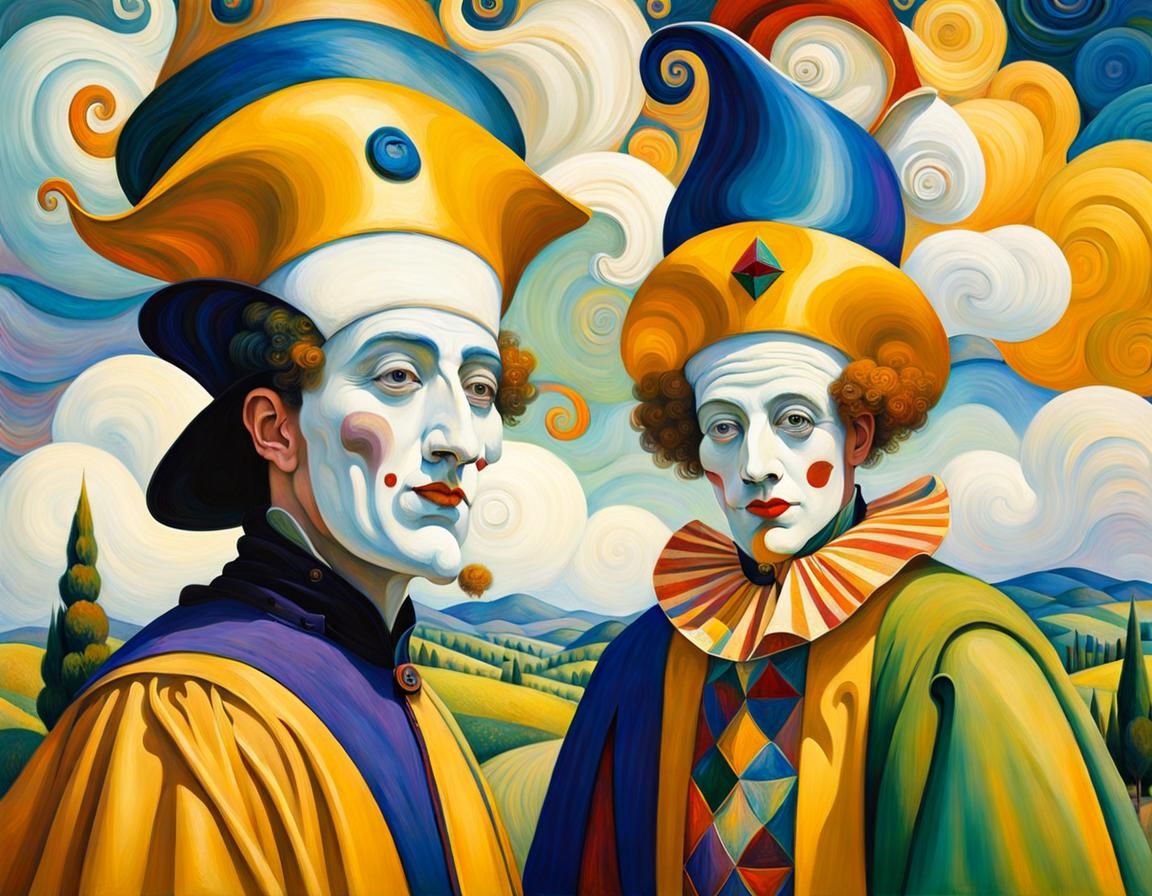 Medieval Jesters Chatting in Klimt Oil Painting Style