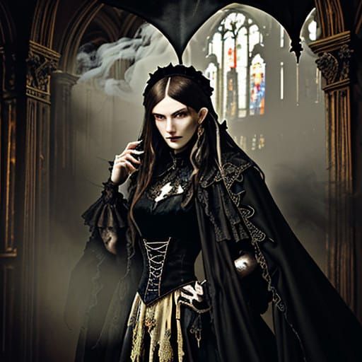 Gothic Oil Painting of a Dark Castle Interior with a Female....