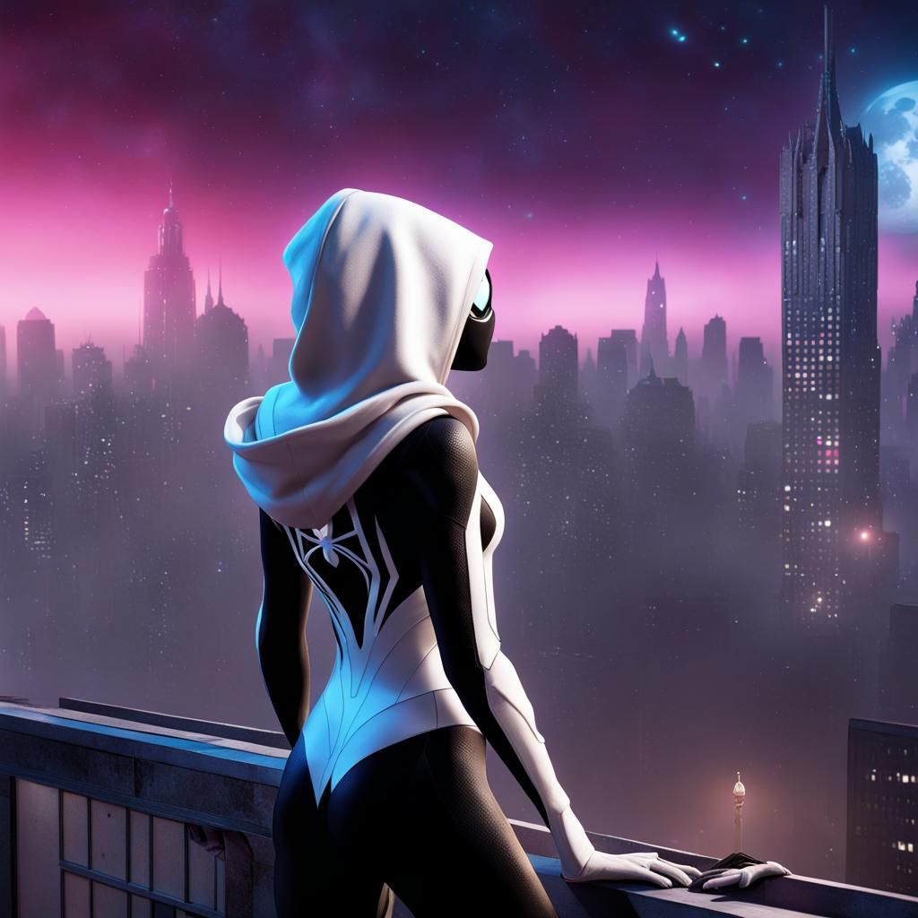 Spider-Gwen Gazes at Stars: Detailed Matte Painting