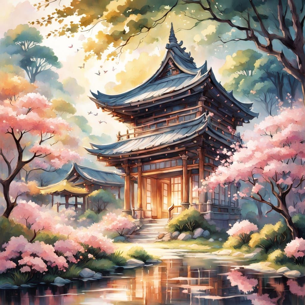 Ethereal Japanese Temple in Vibrant Cherry Blossom Paradise