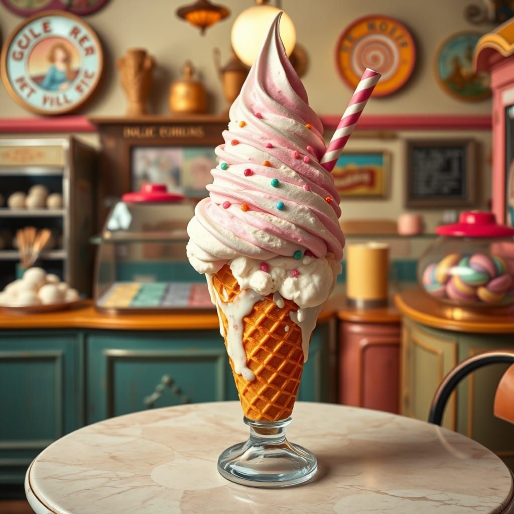 Ice Cream Sundae in Gelato Shop, Still Life Painting