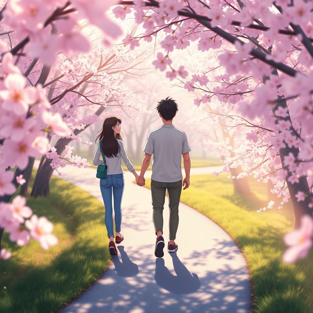 Cherry Blossoms in Japan: Couple Walking in Anime Style