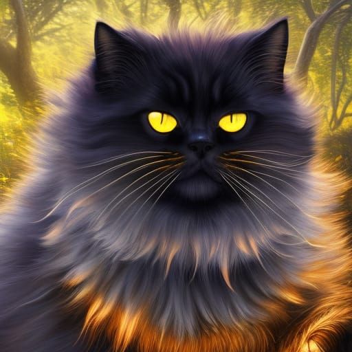 Black Persian Cat in Flower Meadow, Hyperdetailed Digital Ar...
