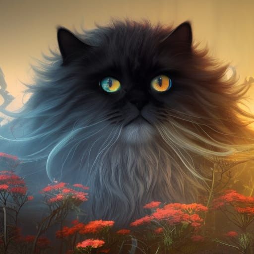 Black Persian Cat with Orange Eyes in Meadow