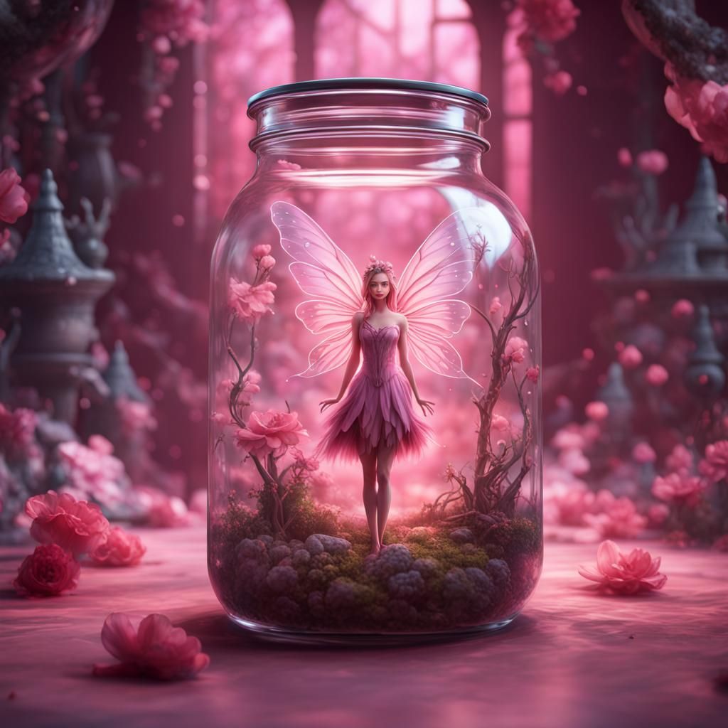 Pink Fairy in Glass Jar: Fantasy Art