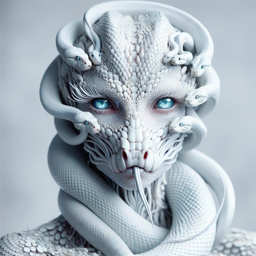 Surreal Reptilian Portrait with White Snake in Hyperrealism