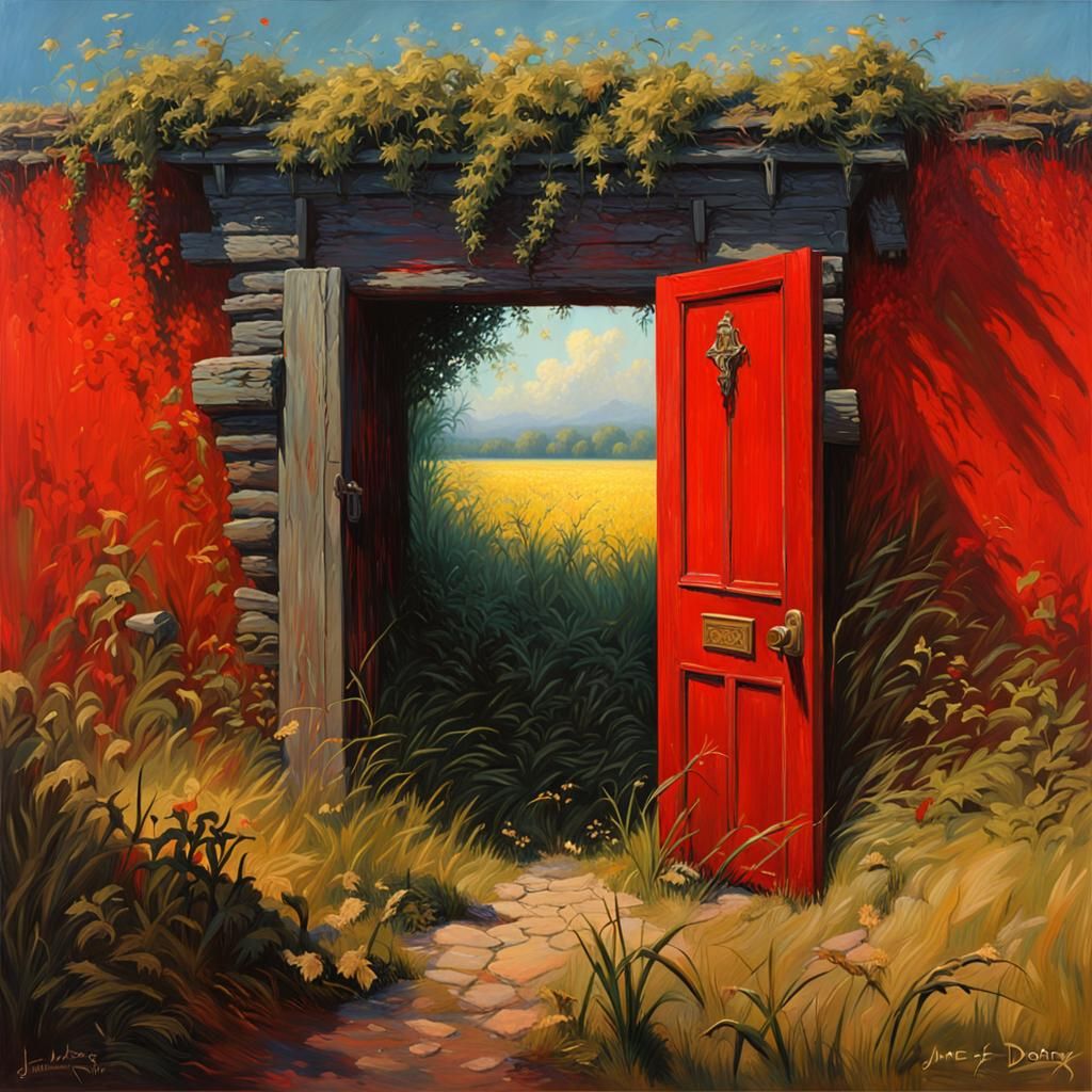 Hyperrealistic Red Door in Field: Concept Art