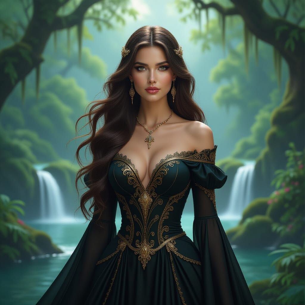 A woman with very long flowing brown hair stands in an encha...