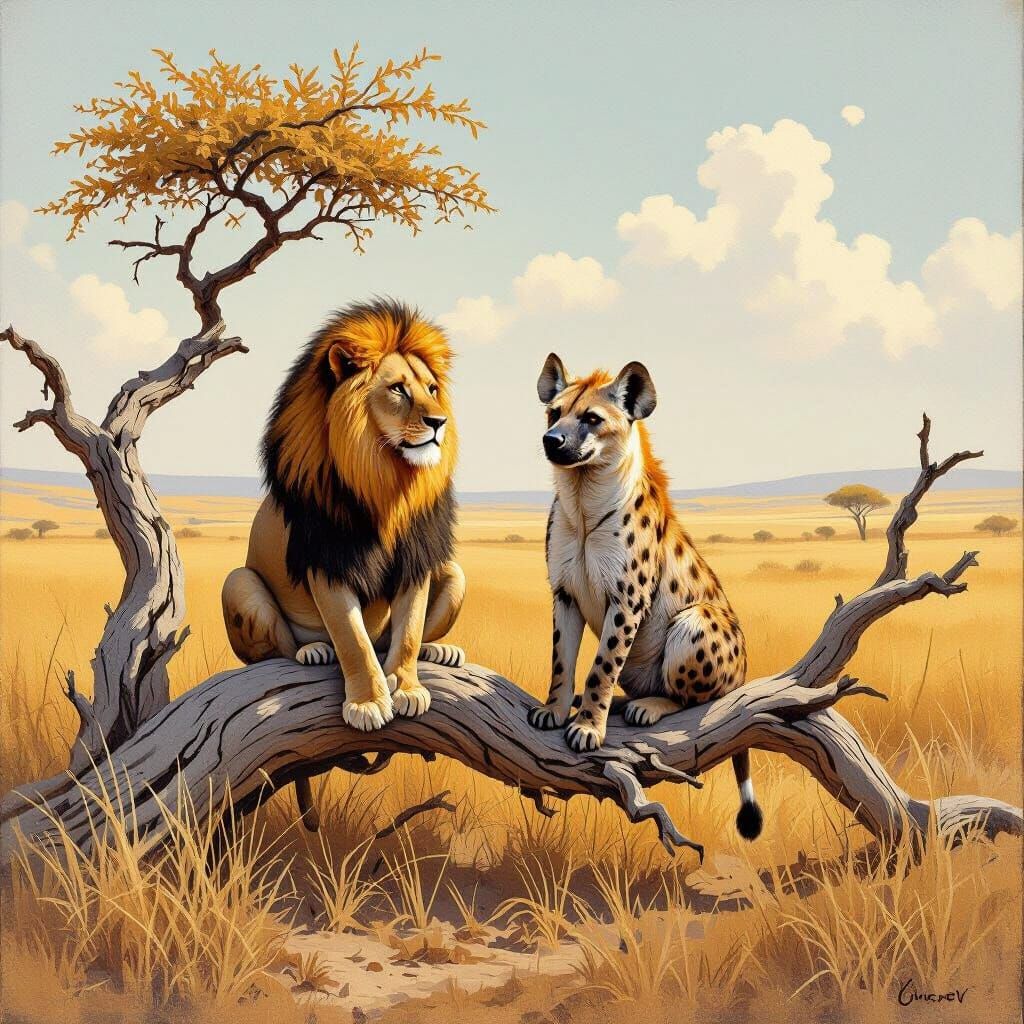 Lion and Hyena Rest on a Fallen Tree in Plains