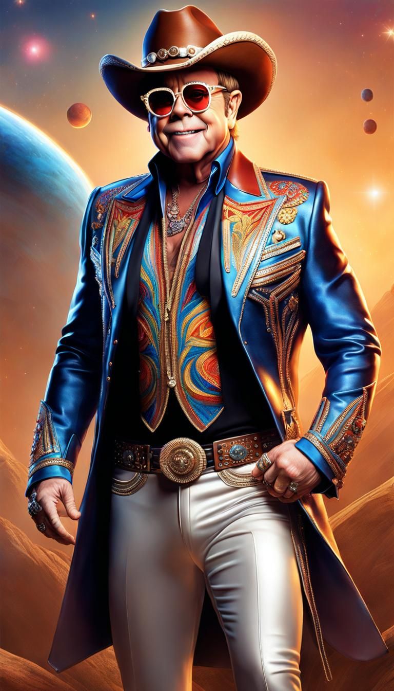 Elton John in a tight Cowboy outfit, Rocket Man  style