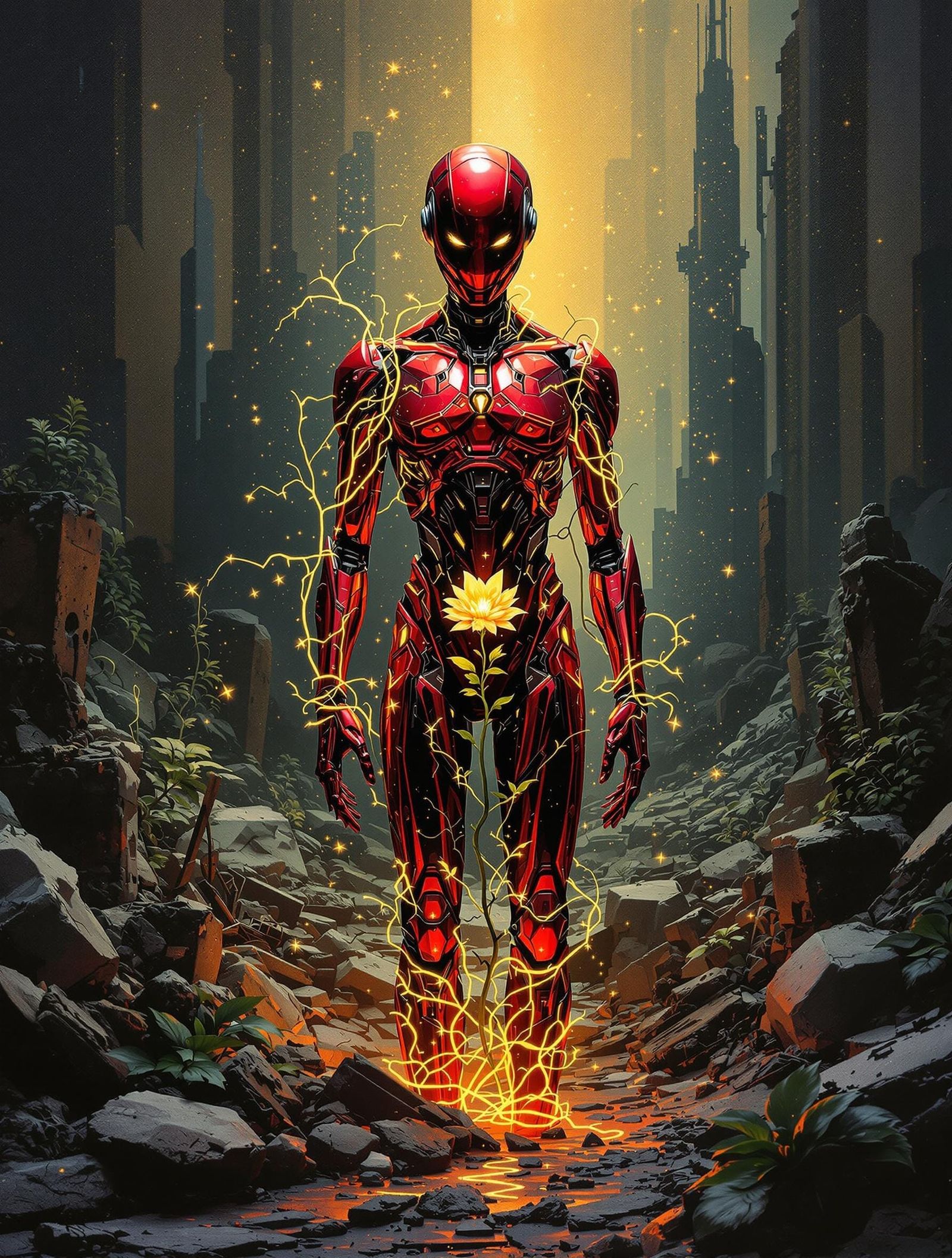 Cybernetic Android Emerges Amidst Wasteland Renewal