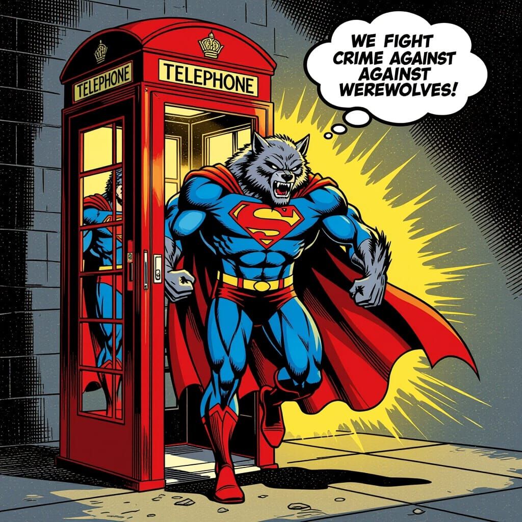 Werewolf Transforms into Superhero in Comic Art Style