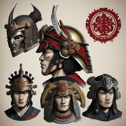 Art by Katsushika Hokusai, ukiyo-e print of a samurai helmet, ornate and symbolic, adorned with dragon motifs and crest,...