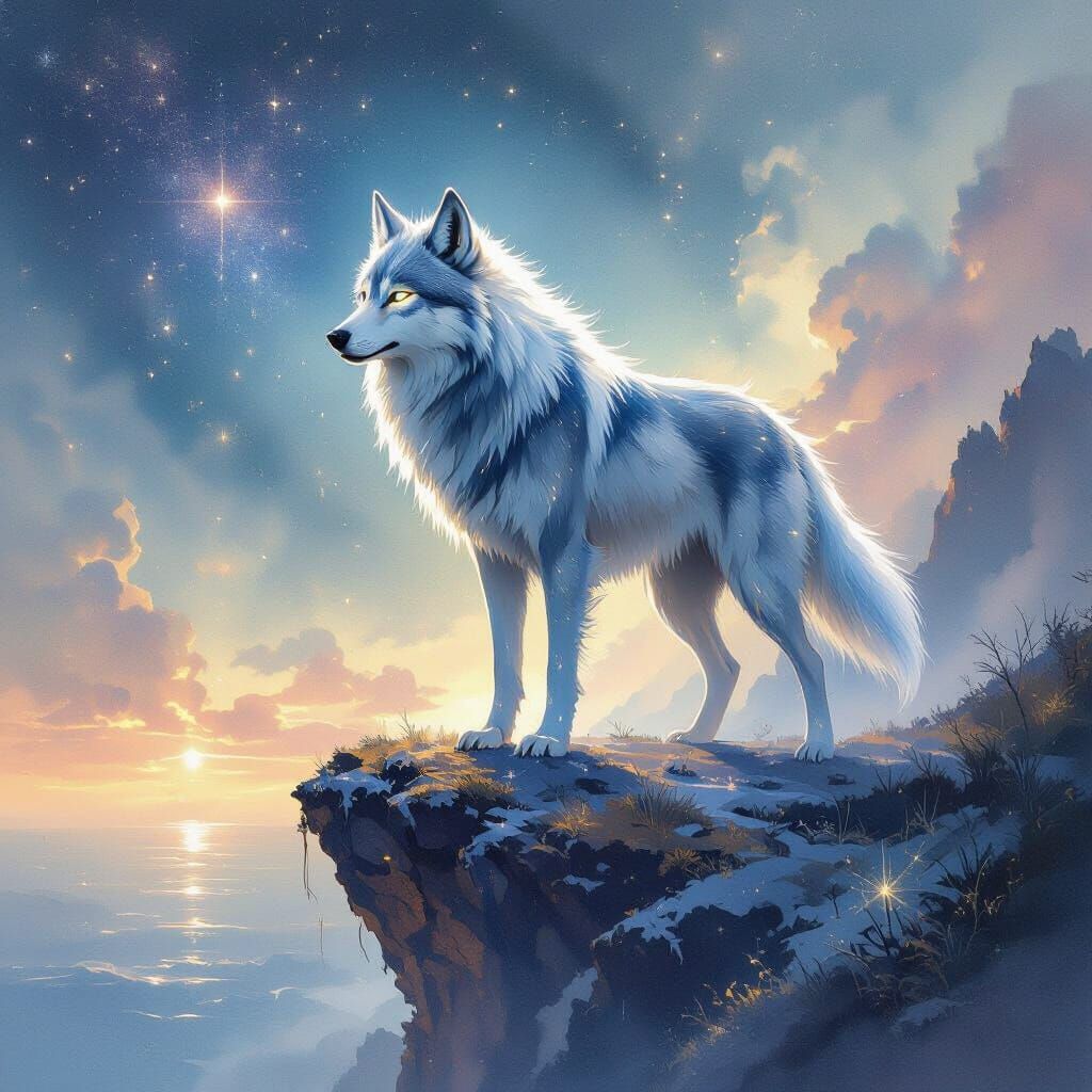 Celestial Wolf on Nebula Cliff Overlooking Cosmic Ocean