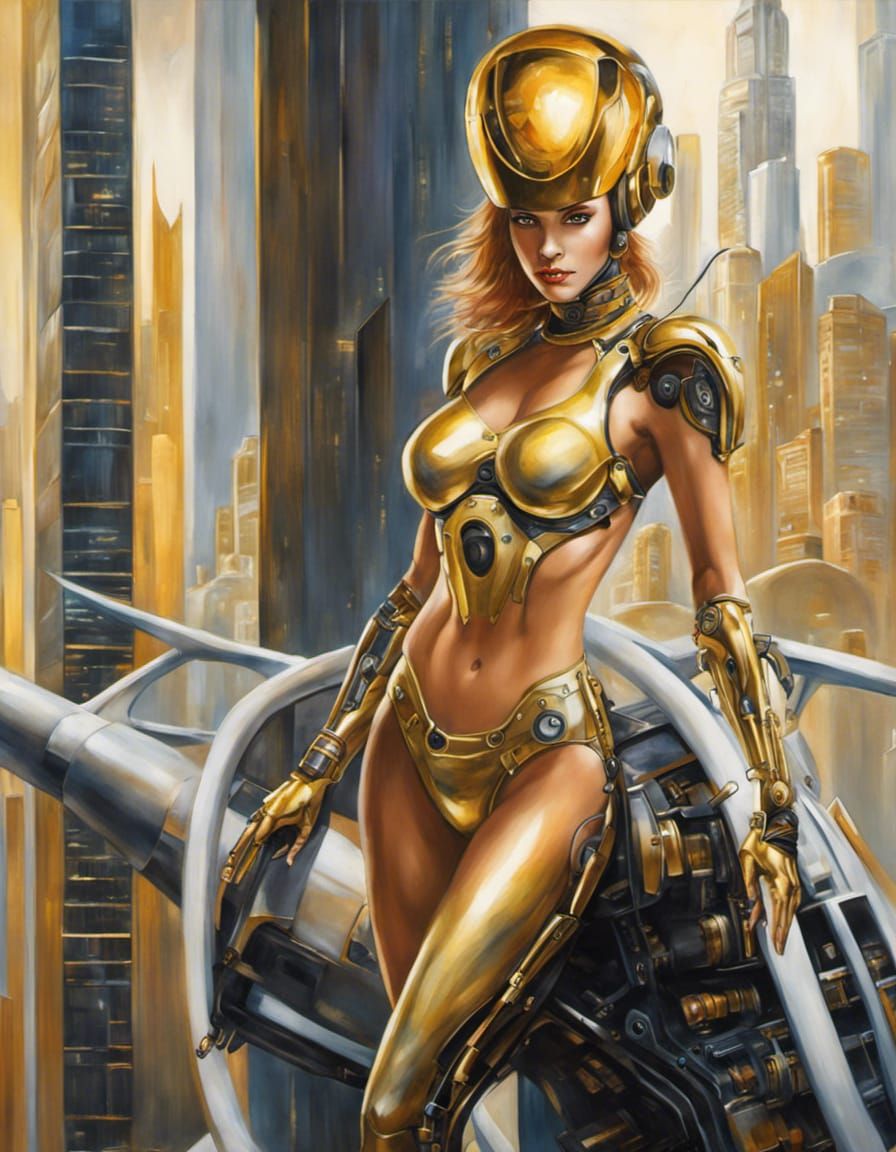 Attractive Gold Cyborg in Cyberpunk Cityscape