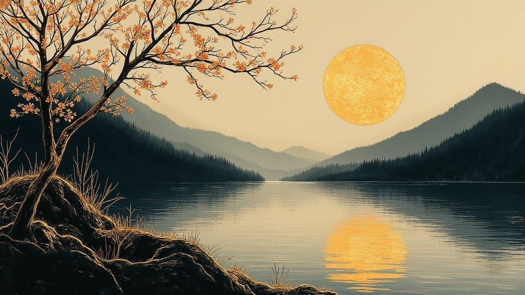 Serene Japanese Ink Painting with Gold Moon and Blossoms