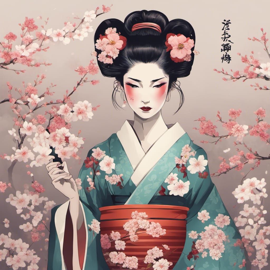 Geisha with Flowers Serving Tea in Traditional Kimono
