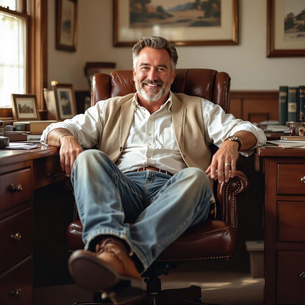 Friendly Coach Relaxing in Cozy Office, Americana Style