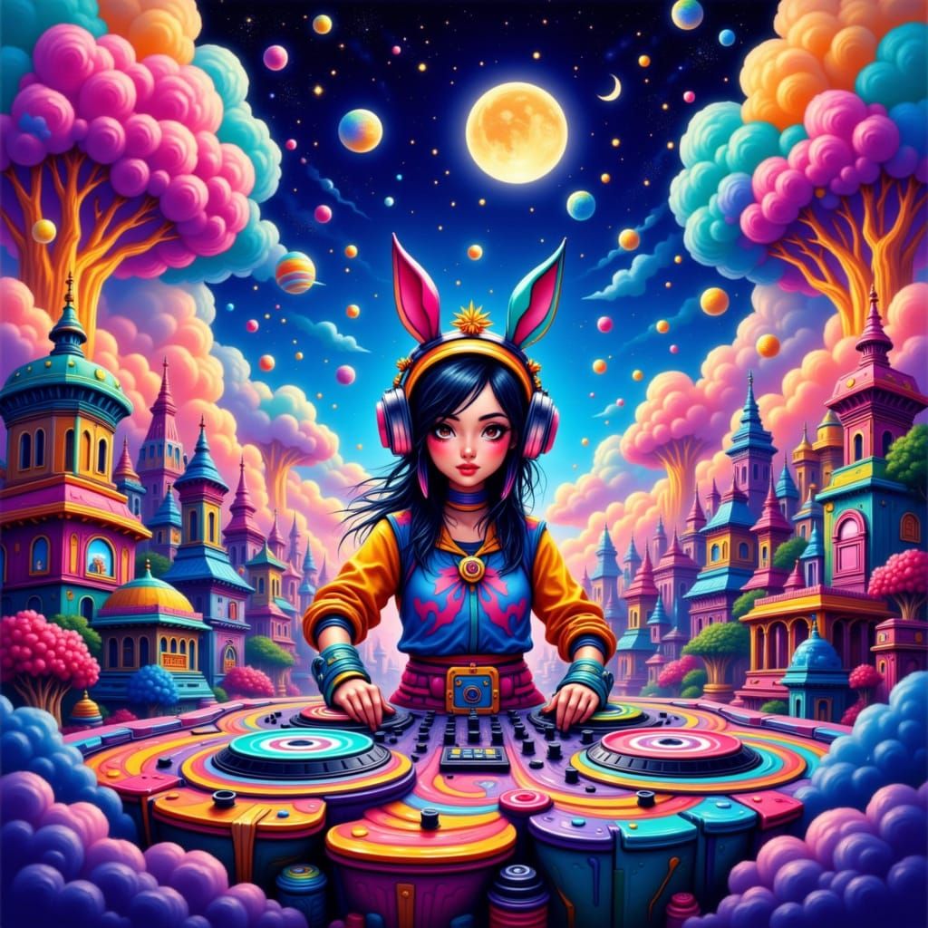 Psytrance DJ in a Futuristic Cyber City as Digital Art