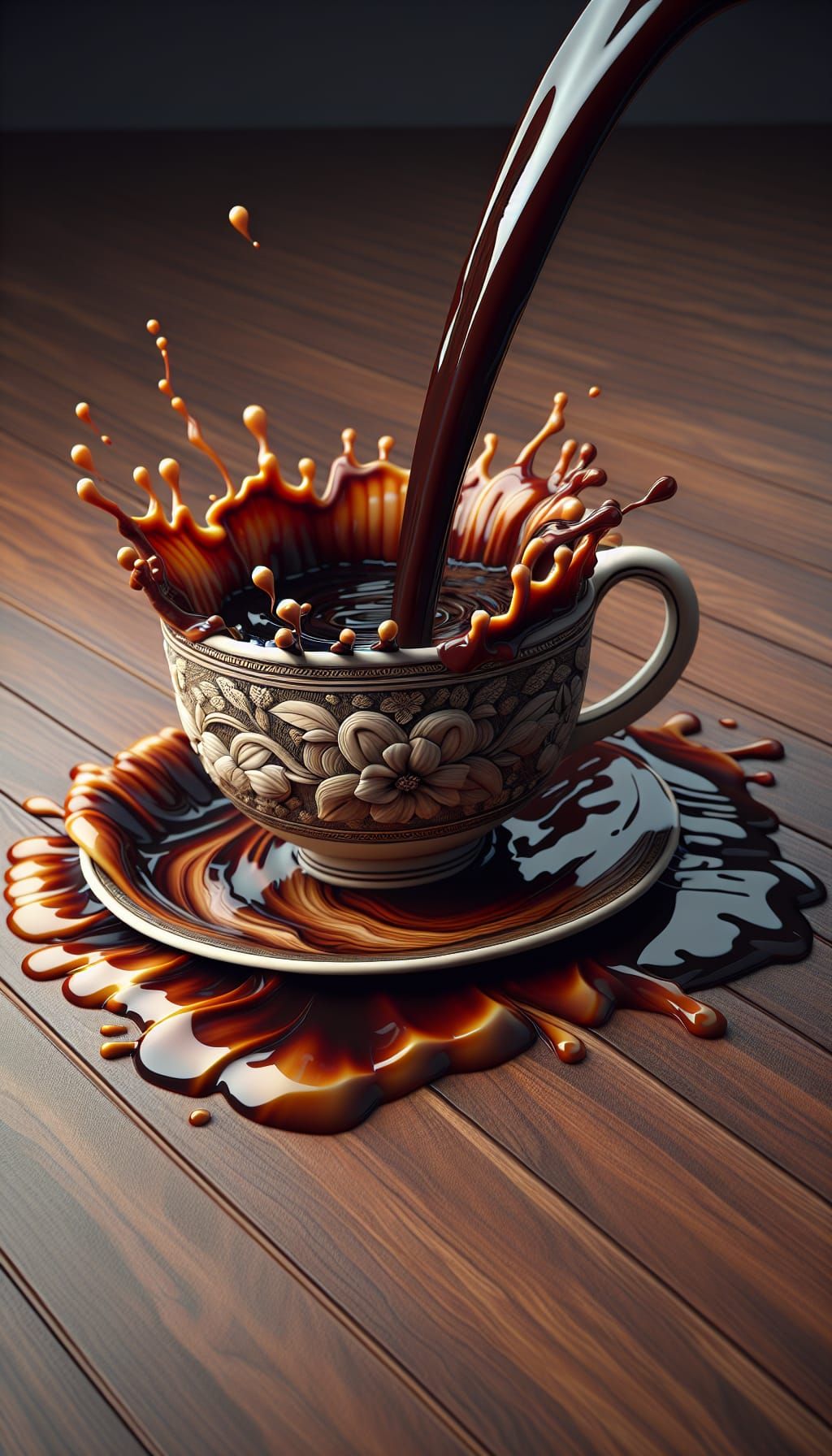 Overflowing Coffee Cup on Wooden Table