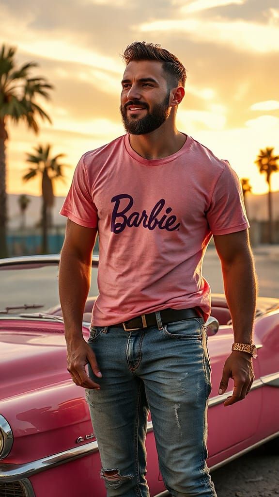 Chiseled Man Stands Beside Pink Barbie Car in Vibrant Sunset