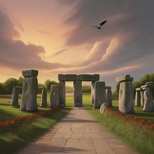 Stonehenge Sunrise with Roses: Detailed Concept Art