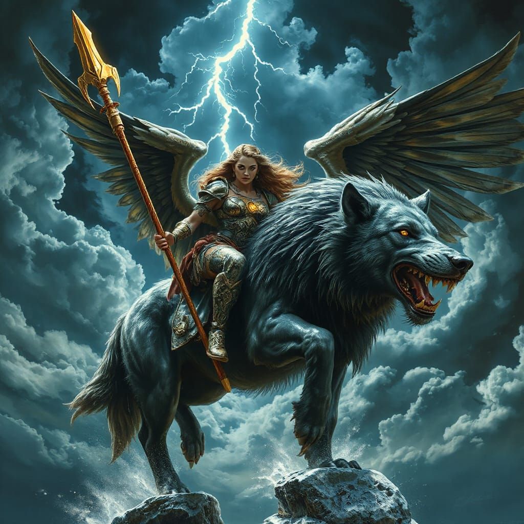 Epic Fantasy Female Valkyrie Rides Winged Wolf Through Storm...