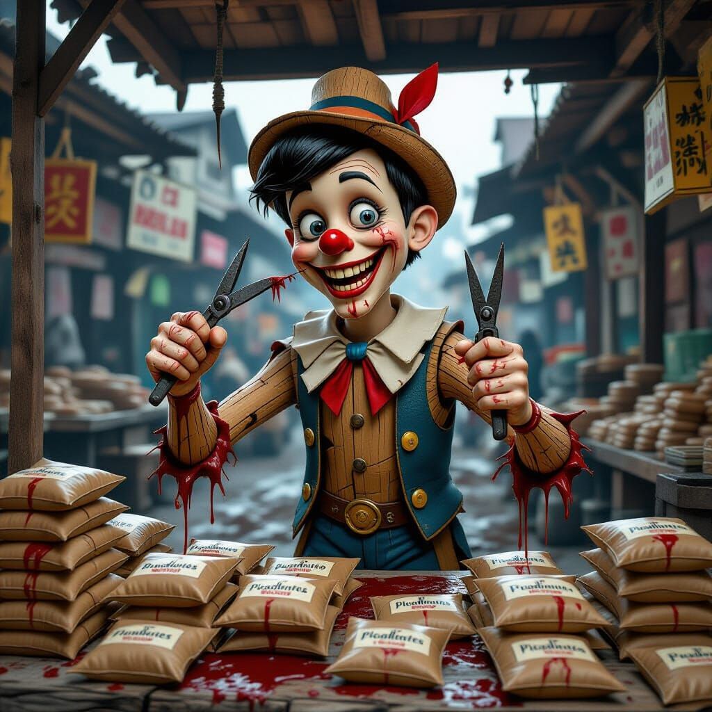 Grotesque Pinocchio: A Hyperrealistic Digital Painting