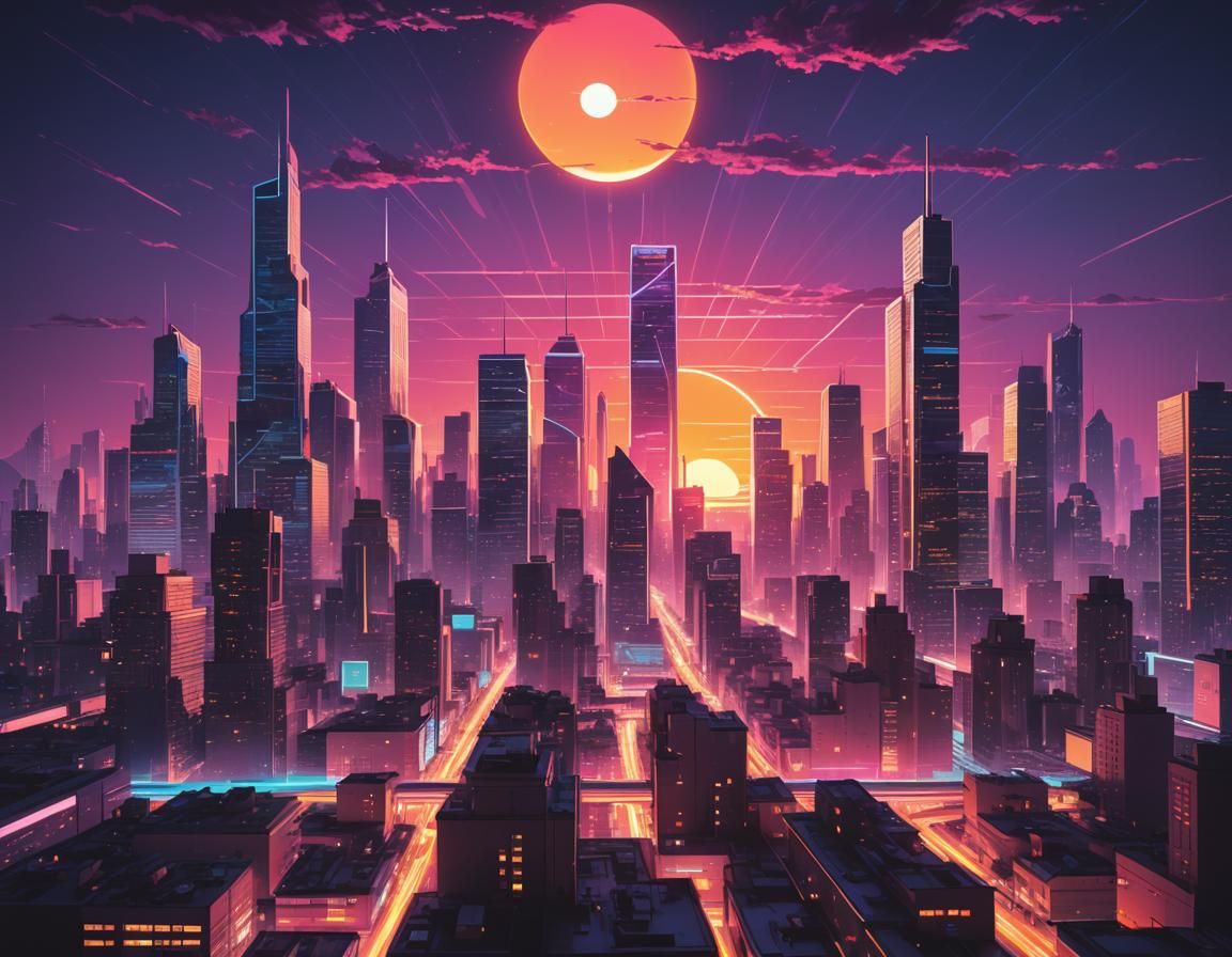 Synthwave Cityscape with Neon Sun