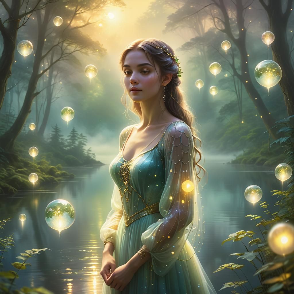 Ethereal Woman in Misty Forest: Digital Art