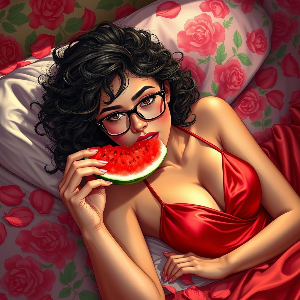 Woman Reclining with Watermelon in Hyperrealistic Style