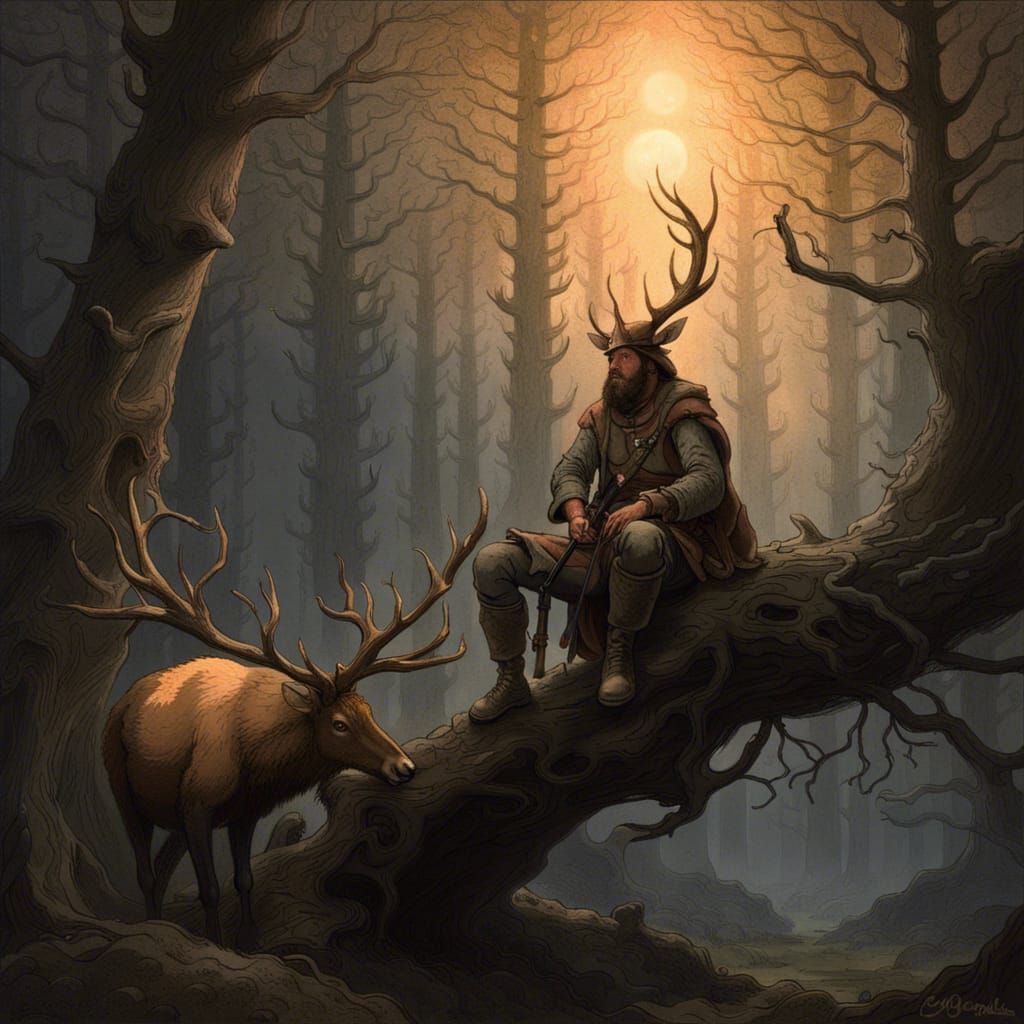 Hunter in Dark Forest, Gustave Doré Style