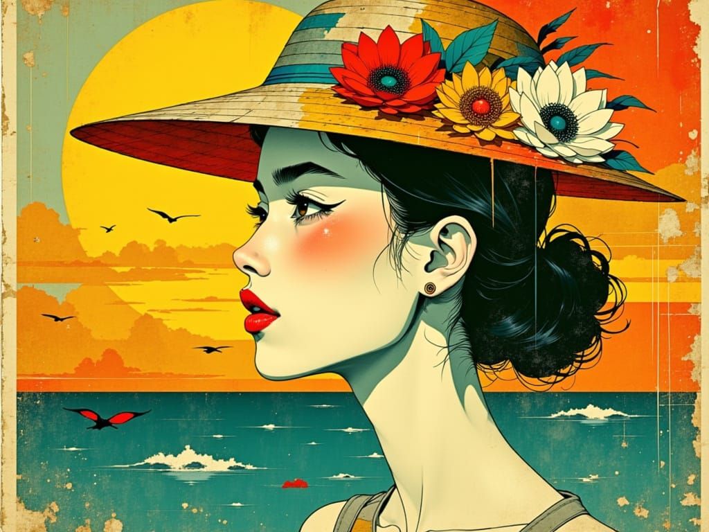 Woman at Sunset Shore in Impressionist Style