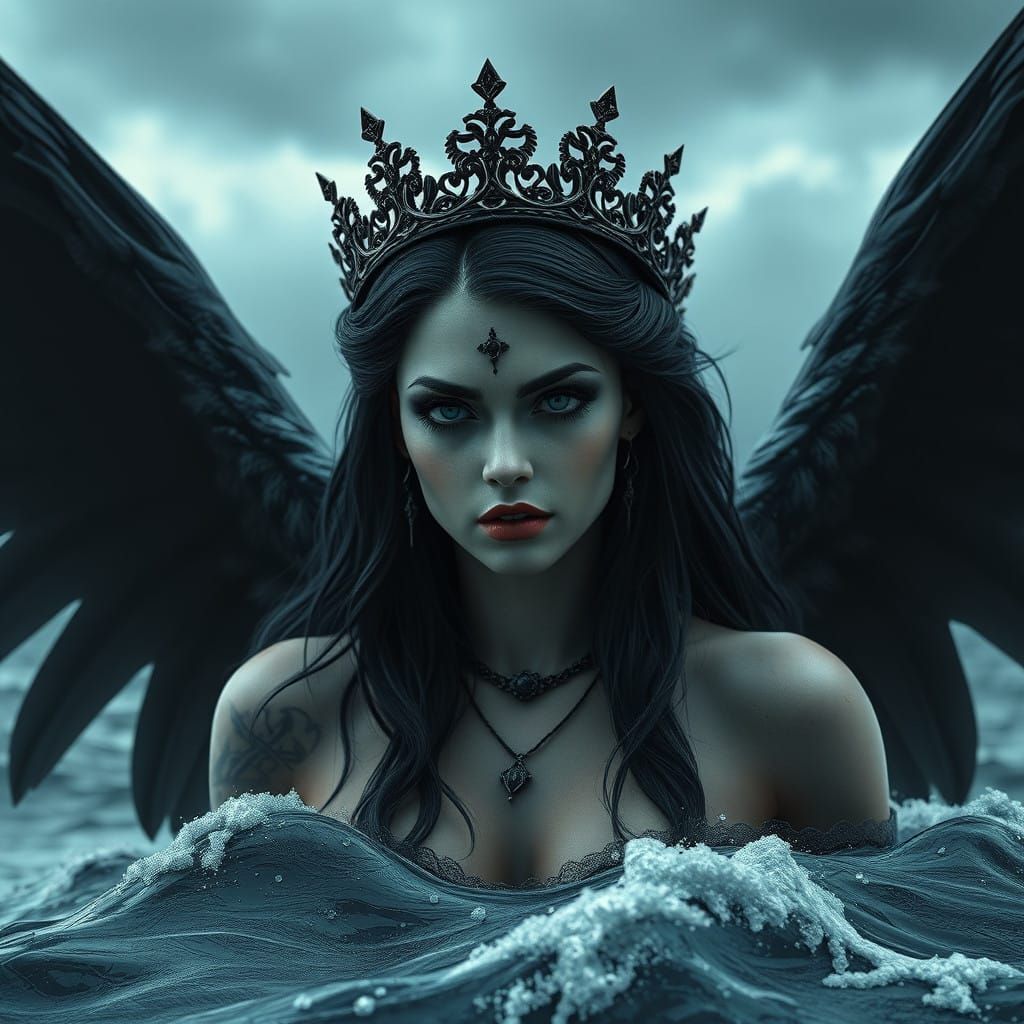 Majestic Vampire Goddess in Stormy Sea