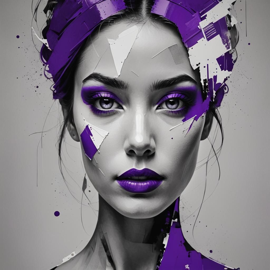 a monochromatic image with an accent (purple) color, show the contrast between black and white, with pops of a single br...