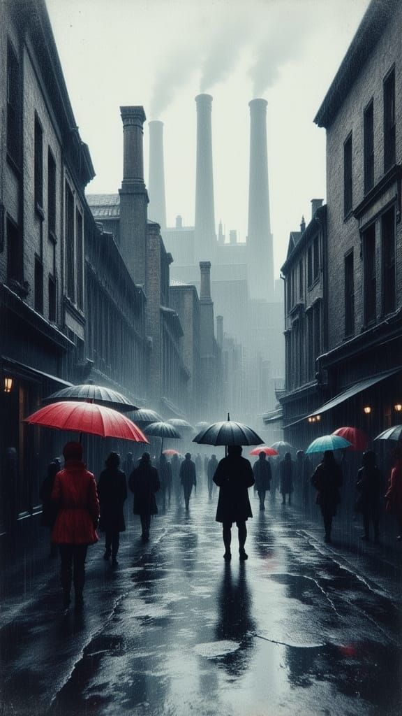 Rainy Northern Town Football Game Day in LS Lowry Style