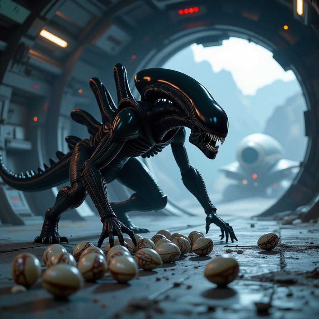 Giant Xenomorph Crawls Towards Alien Eggs in Space